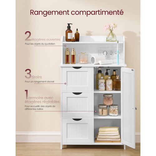 Meuble De Salle De Bain, Avec Multiprise, 3 Tiroirs, 1 Porte, 2 Étagères Réglables, Blanc Nuage