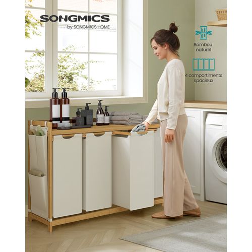 Panier à Linge, Avec 4 Compartiments, En Bambou, 4 X 50 L, 124,6 X 33 X 78 Cm, Blanc Crème