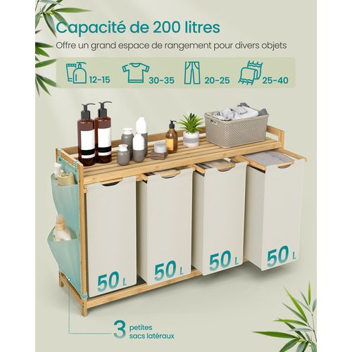 Panier à Linge, Avec 4 Compartiments, En Bambou, 4 X 50 L, 124,6 X 33 X 78 Cm, Blanc Crème