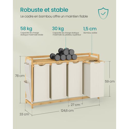 Panier à Linge, Avec 4 Compartiments, En Bambou, 4 X 50 L, 124,6 X 33 X 78 Cm, Blanc Crème