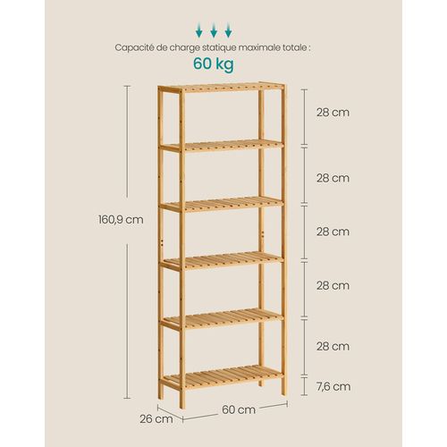 Étagère De Rangement, Meuble à Chaussures à 6 Niveaux, 26 X 60 X 160,9 Cm, Beige Naturel