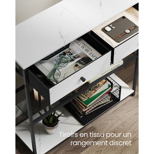 Table Console, Avec 2 Tiroirs En Tissu, 24 X 76 X 80 Cm, Pour Entrée, Salon, Blanc Marbré Et Noir