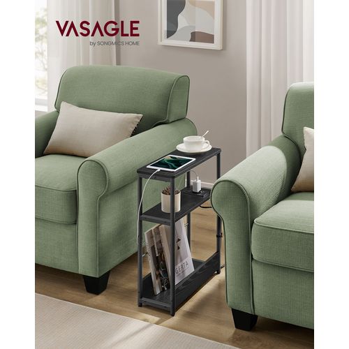 Table D’appoint Fine Avec Multiprise, Table De Chevet à 3 Niveaux, Noir Boisé Et Noir D'encre