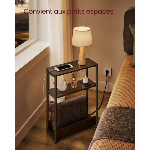 Table D’appoint Fine Avec Multiprise, Table De Chevet à 3 Niveaux, Noir Boisé Et Noir D'encre