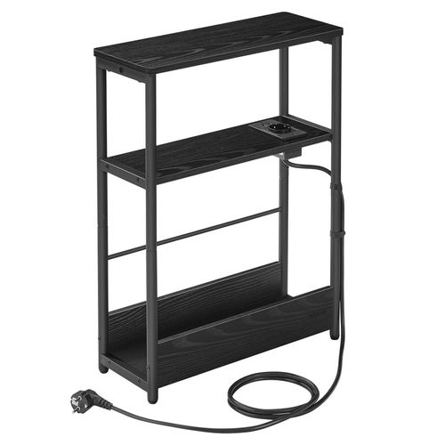 Table D’appoint Fine Avec Multiprise, Table De Chevet à 3 Niveaux, Noir Boisé Et Noir D'encre