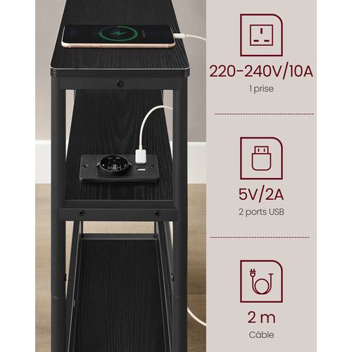 Table D’appoint Fine Avec Multiprise, Table De Chevet à 3 Niveaux, Noir Boisé Et Noir D'encre