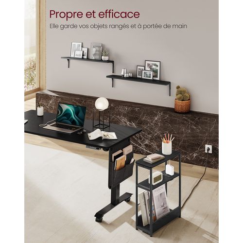 Table D’appoint Fine Avec Multiprise, Table De Chevet à 3 Niveaux, Noir Boisé Et Noir D'encre