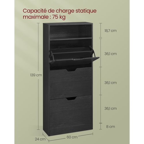 Meuble à Chaussures 3 Portes Battantes, Étagère à Chaussures, Compartiment Ouvert, Noir Boisé