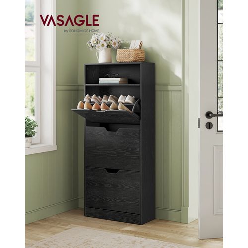 Meuble à Chaussures 3 Portes Battantes, Étagère à Chaussures, Compartiment Ouvert, Noir Boisé