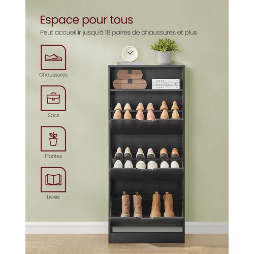 Meuble à Chaussures 3 Portes Battantes, Étagère à Chaussures, Compartiment Ouvert, Noir Boisé