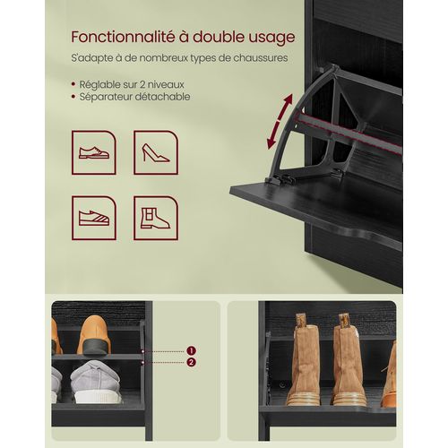 Meuble à Chaussures 3 Portes Battantes, Étagère à Chaussures, Compartiment Ouvert, Noir Boisé