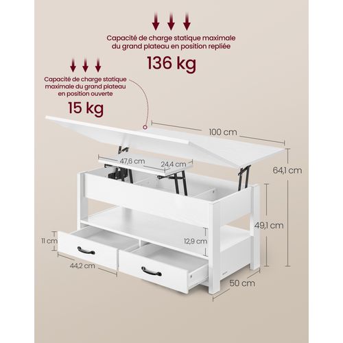 Table Basse, 2 Tiroirs Et 3 Compartiments Sous Le Plateau, 1 Compartiment Ouvert, Blanc Neige