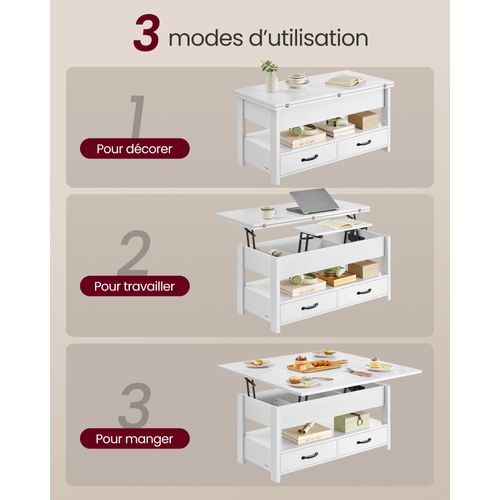 Table Basse, 2 Tiroirs Et 3 Compartiments Sous Le Plateau, 1 Compartiment Ouvert, Blanc Neige