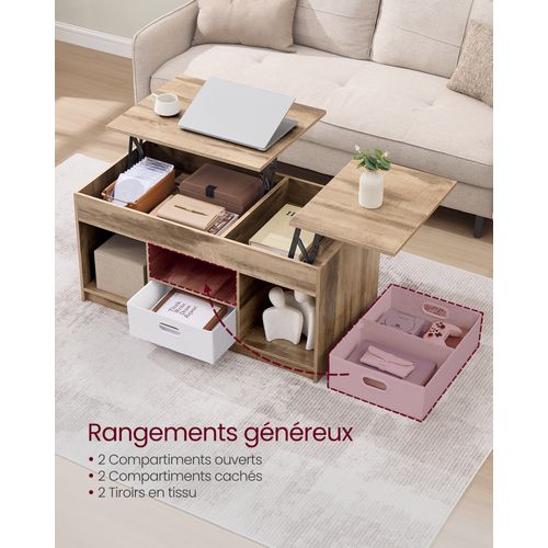 Table Basse, 2 Tiroirs Et Compartiments Cachés, Compartiments Ouverts, Marron Camel Et Blanc Nuage