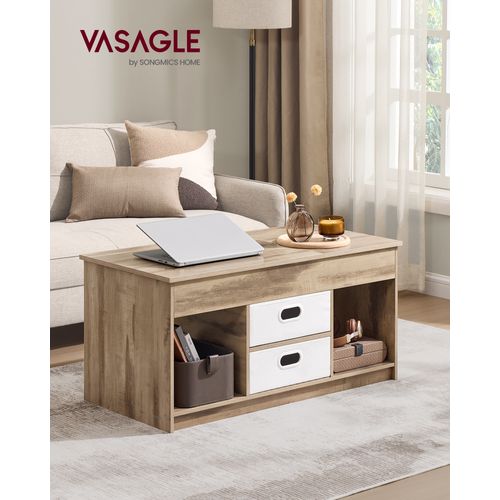 Table Basse, 2 Tiroirs Et Compartiments Cachés, Compartiments Ouverts, Marron Camel Et Blanc Nuage