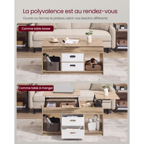 Table Basse, 2 Tiroirs Et Compartiments Cachés, Compartiments Ouverts, Marron Camel Et Blanc Nuage