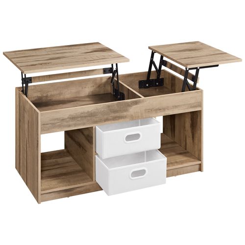 Table Basse, 2 Tiroirs Et Compartiments Cachés, Compartiments Ouverts, Marron Camel Et Blanc Nuage