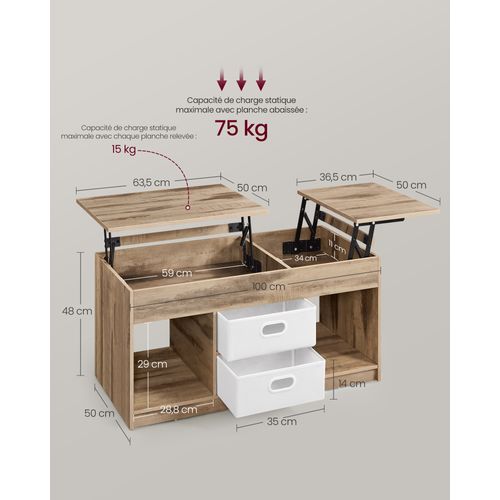 Table Basse, 2 Tiroirs Et Compartiments Cachés, Compartiments Ouverts, Marron Camel Et Blanc Nuage