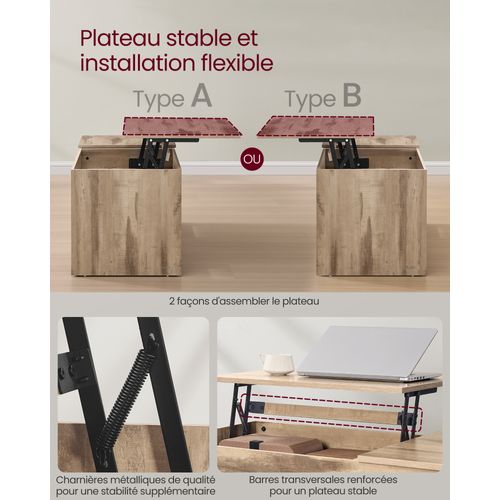 Table Basse, 2 Tiroirs Et Compartiments Cachés, Compartiments Ouverts, Marron Camel Et Blanc Nuage