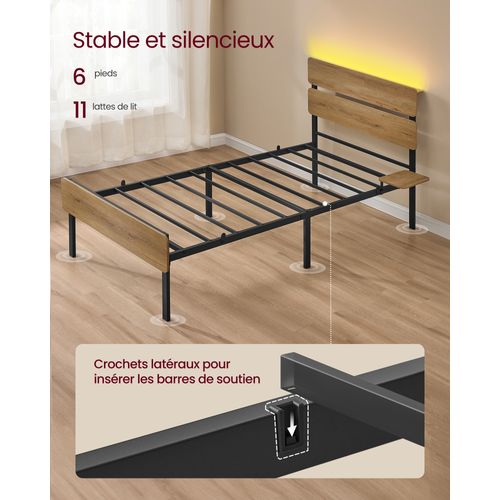 Cadre De Lit 90 X 190 Lit 1 Personne, Éclairage LED, Port USB Et Type-c, Marron Naturel