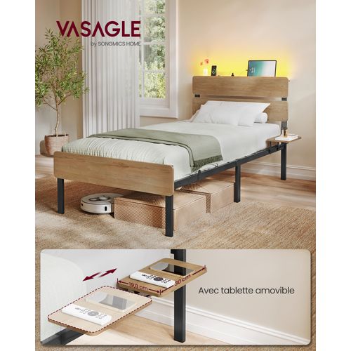 Cadre De Lit 90 X 190 Lit 1 Personne, Éclairage LED, Port USB Et Type-c, Marron Naturel
