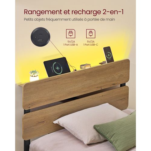 Cadre De Lit 90 X 190 Lit 1 Personne, Éclairage LED, Port USB Et Type-c, Marron Naturel