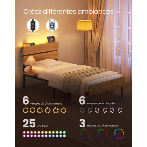 Cadre De Lit 90 X 190 Lit 1 Personne, Éclairage LED, Port USB Et Type-c, Marron Naturel