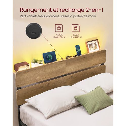 Cadre De Lit 140 X 190, Lit 2 Personnes, Éclairage LED, Port USB Et Type-c,  Marron Naturel