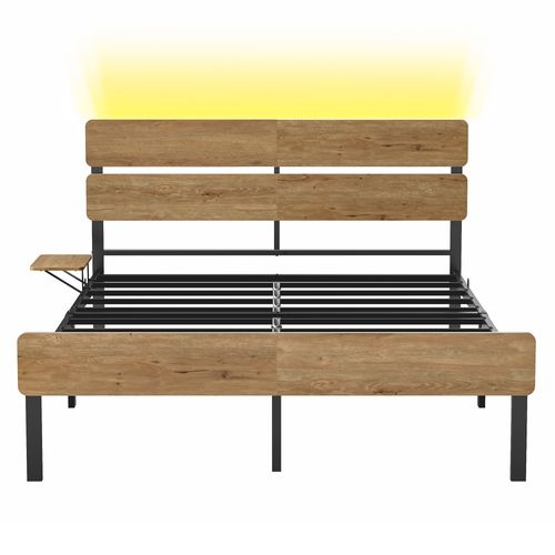 Cadre De Lit 140 X 190, Lit 2 Personnes, Éclairage LED, Port USB Et Type-c,  Marron Naturel