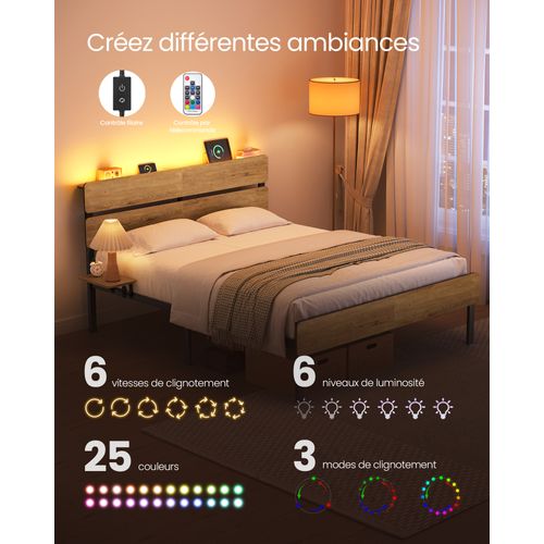 Cadre De Lit 140 X 190, Lit 2 Personnes, Éclairage LED, Port USB Et Type-c,  Marron Naturel