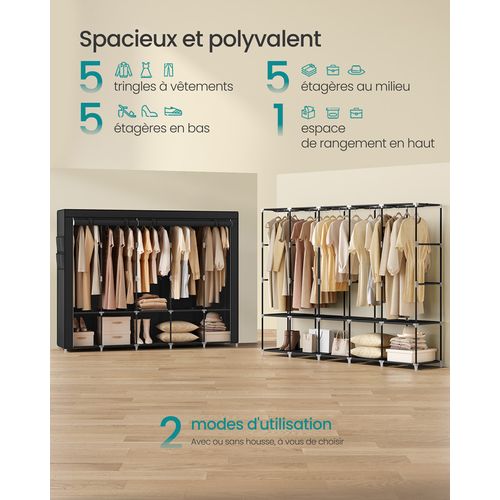 Armoire à Vêtements Portable Avec 5 Rails De Suspension, Étagères, 4 Poches Latérales, Noir Encre