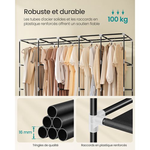 Armoire à Vêtements Portable Avec 5 Rails De Suspension, Étagères, 4 Poches Latérales, Noir Encre