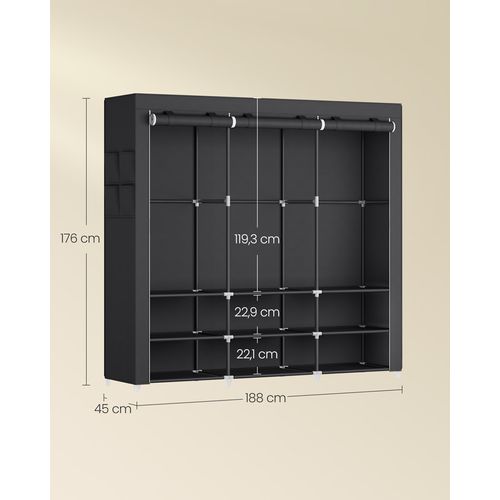 Armoire Chambre En Tissu,  3 Compartiments De Suspension, Abvec Étagères, 4 Pochettes, Noir