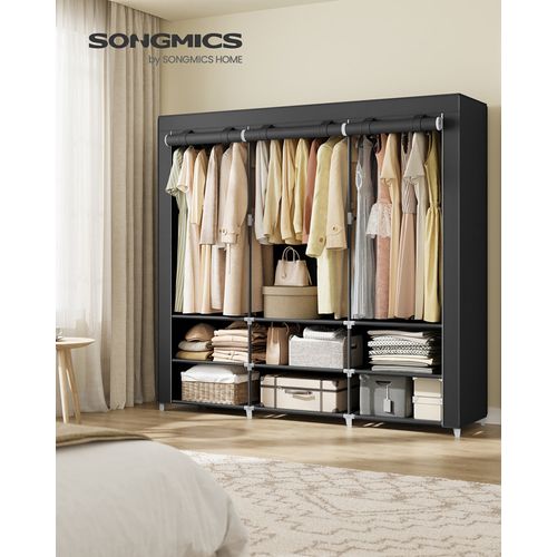 Armoire Chambre En Tissu,  3 Compartiments De Suspension, Abvec Étagères, 4 Pochettes, Noir