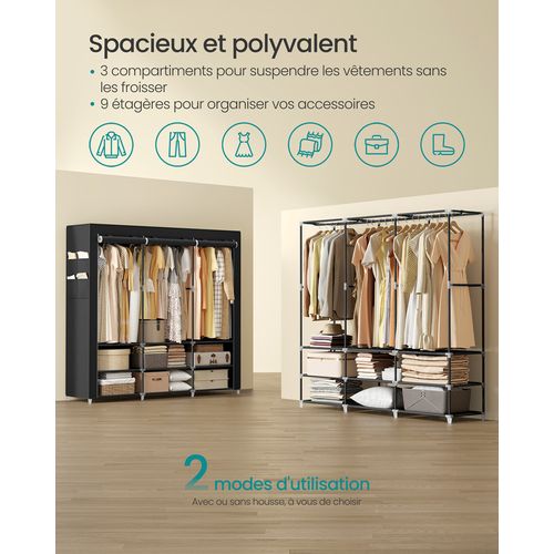 Armoire Chambre En Tissu,  3 Compartiments De Suspension, Abvec Étagères, 4 Pochettes, Noir