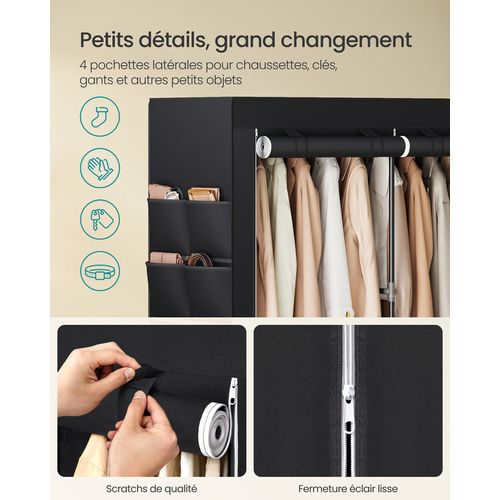 Armoire Chambre En Tissu,  3 Compartiments De Suspension, Abvec Étagères, 4 Pochettes, Noir