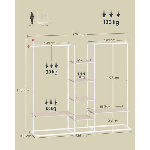 Portant à Vêtement, 6 Étagères De Rangement, 2 Tringles, Beige Naturel Et Blanc Mat