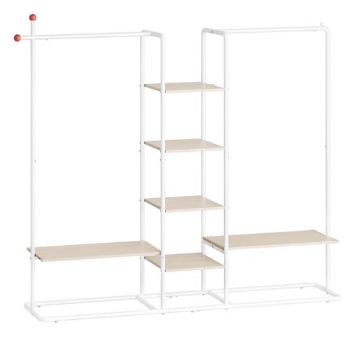 Portant à Vêtement, 6 Étagères De Rangement, 2 Tringles, Beige Naturel Et Blanc Mat