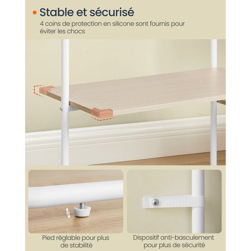 Portant à Vêtement, 6 Étagères De Rangement, 2 Tringles, Beige Naturel Et Blanc Mat