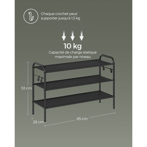 Étagère à Chaussures, Organiseur De Chaussures à 3 Niveaux, 4 Crochets Latéraux, Noir D'encre