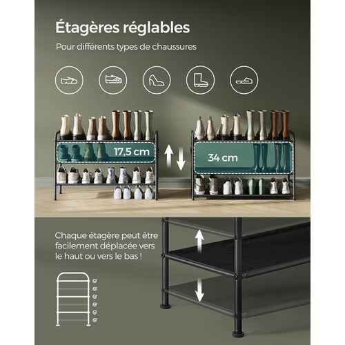 Étagère à Chaussures, Organiseur De Chaussures à 3 Niveaux, 4 Crochets Latéraux, Noir D'encre