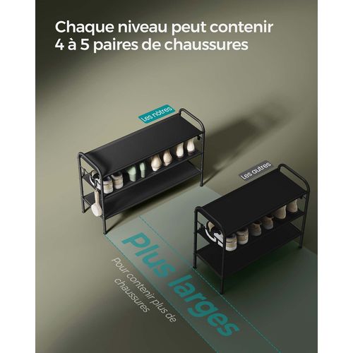 Étagère à Chaussures, Organiseur De Chaussures à 3 Niveaux, 4 Crochets Latéraux, Noir D'encre