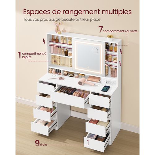 Coiffeuse Avec Miroir LED, Multiprise, 9 Tiroirs, Loupe 10x, Éclairage 3 Couleurs, Blanc Nuage