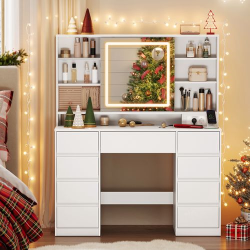 Coiffeuse Avec Miroir LED, Multiprise, 9 Tiroirs, Loupe 10x, Éclairage 3 Couleurs, Blanc Nuage