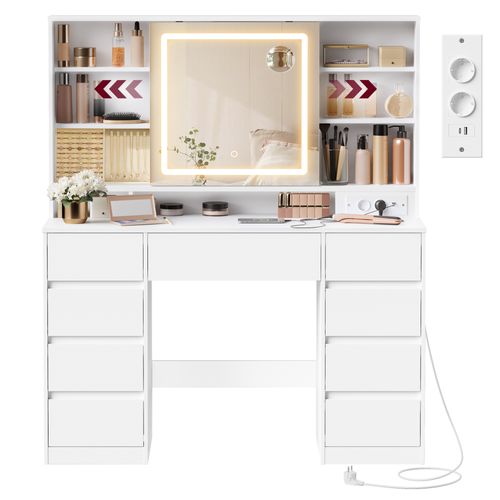 Coiffeuse Avec Miroir LED, Multiprise, 9 Tiroirs, Loupe 10x, Éclairage 3 Couleurs, Blanc Nuage