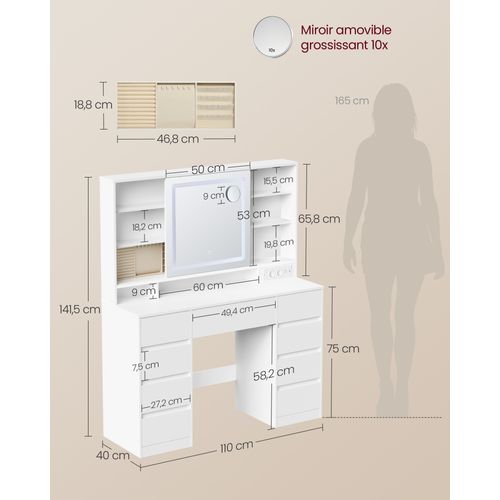 Coiffeuse Avec Miroir LED, Multiprise, 9 Tiroirs, Loupe 10x, Éclairage 3 Couleurs, Blanc Nuage