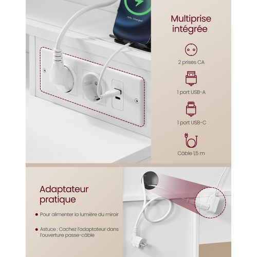 Coiffeuse Avec Miroir LED, Multiprise, 9 Tiroirs, Loupe 10x, Éclairage 3 Couleurs, Blanc Nuage