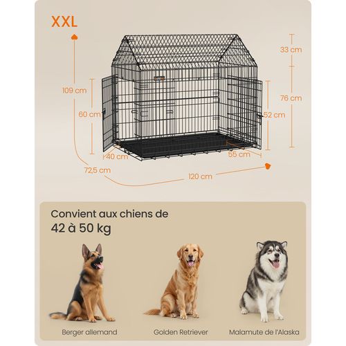 Cage Pour Chien Pliable, 120 X 72,5 X 109 Cm, XXL, Avec Double Porte, Nettoyage Facile, Noir D'encre