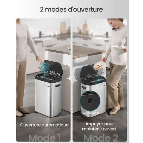 Poubelle De Cuisine Automatique 50 L, Avec Capteur De Mouvement, Argent Métallique Et Noir