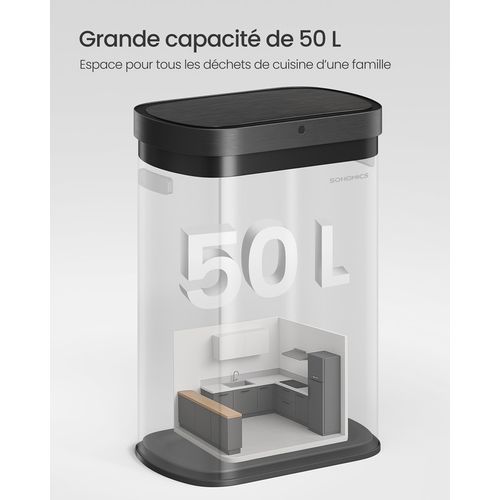 Poubelle De Cuisine Automatique 50 L, Avec Capteur De Mouvement, Argent Métallique Et Noir